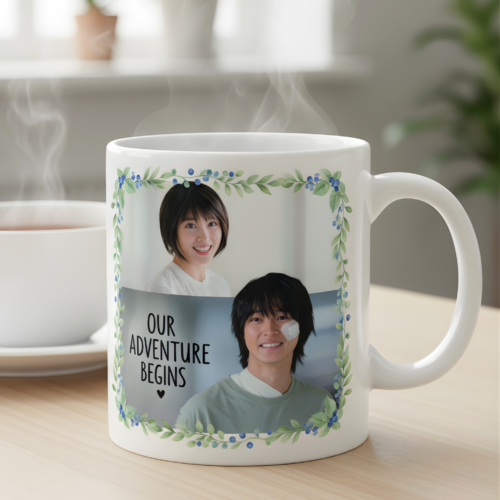Our Adventure Begins personalized couple photo mug with floral border – romantic gift idea