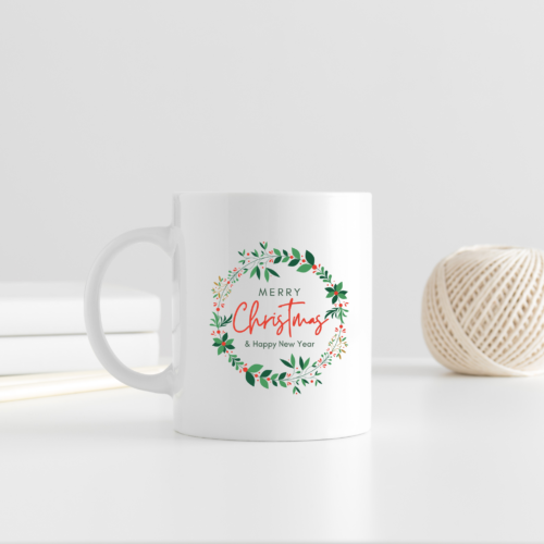 Personalised Merry & Bright Christmas wreath mug with custom name