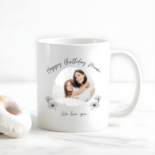 Happy Birthday Mom Mug with colorful birthday design and premium ceramic finish