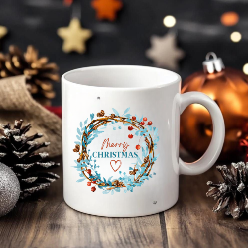 Christmas Aqua Wreath Mug with elegant blue holiday wreath design