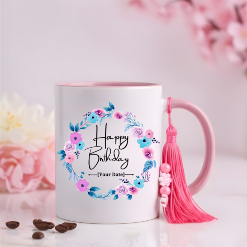 Happy Birthday Rosy Mug with vibrant floral design and colorful birthday