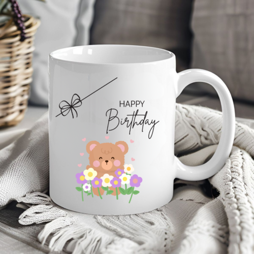 Cute Teddy Bloom Birthday Mug with floral design and colorful birthday theme