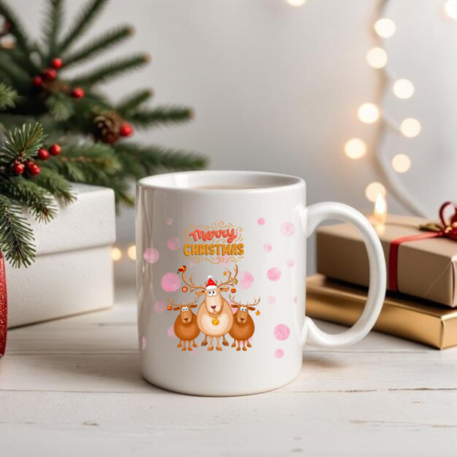 Ceramic mug featuring adorable reindeer family illustration for Christmas