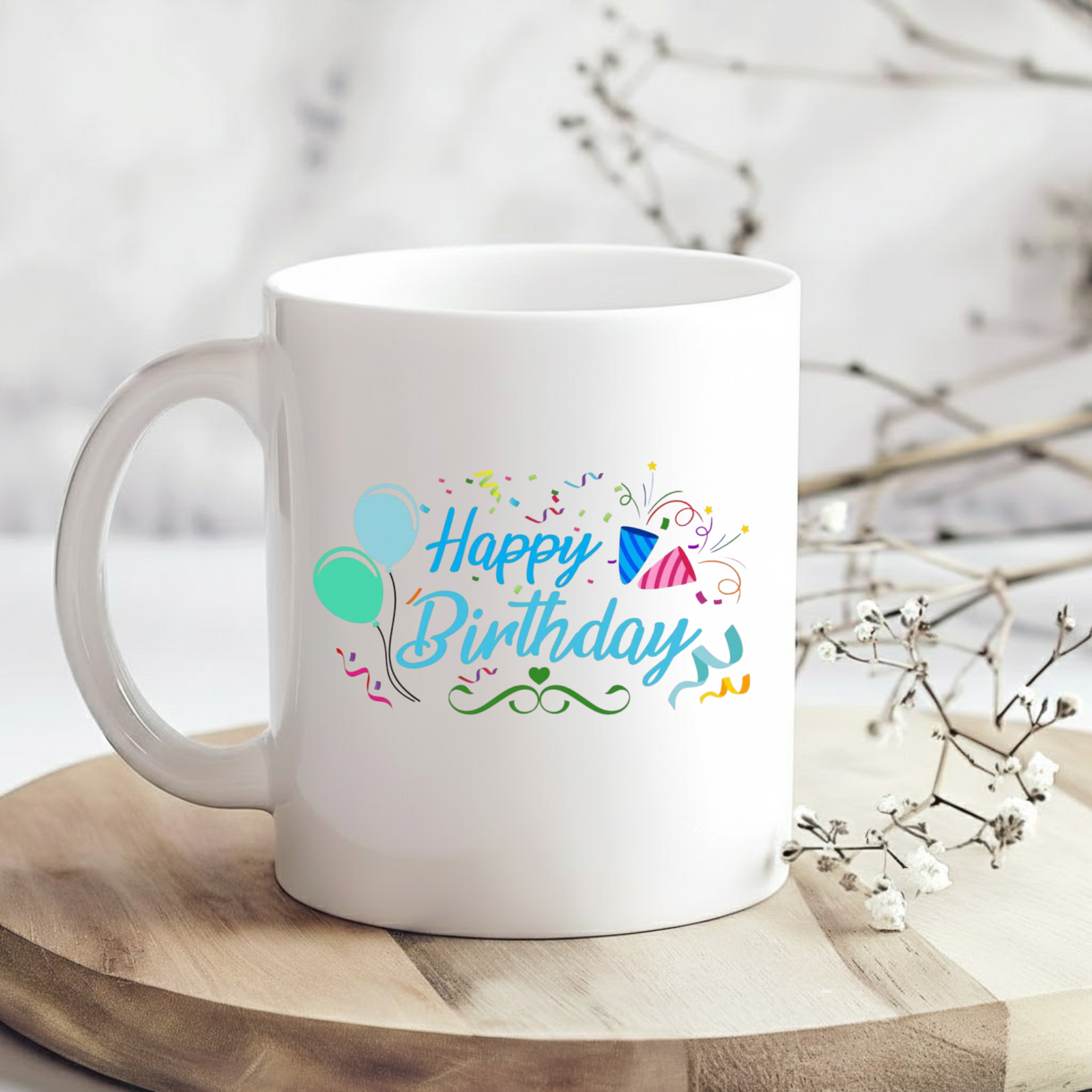 Colorful Birthday Balloons & Confetti Mug with bright party-themed design