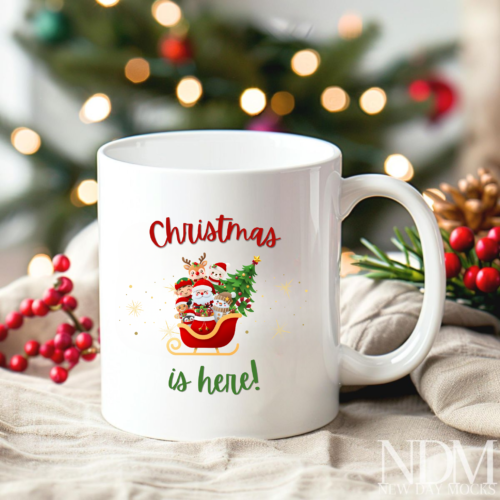 Santa’s Sleigh Ride Christmas mug with Santa flying in sleigh and reindeer