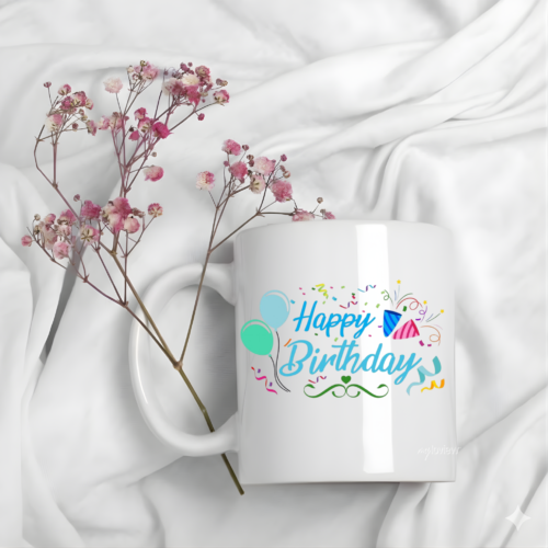 Festive mug featuring vibrant streamers and lively birthday artwork