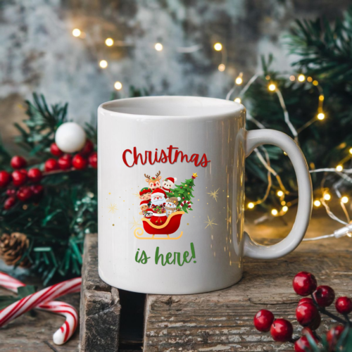 Festive ceramic mug featuring Santa sleigh over snowy winter night sky