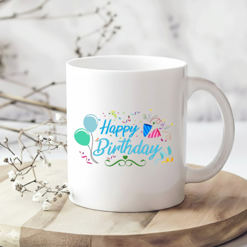 Birthday celebration mug decorated with colorful twisting streamers and confetti pattern