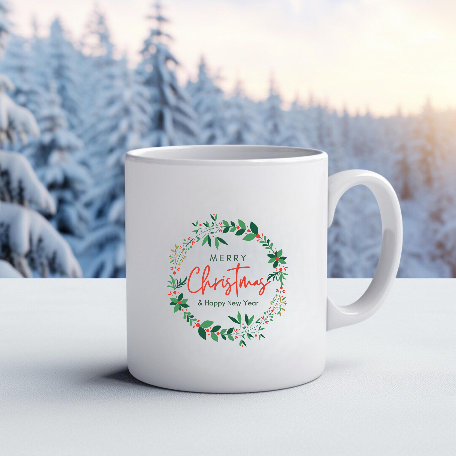 Custom Christmas coffee mug with festive holiday wreath design