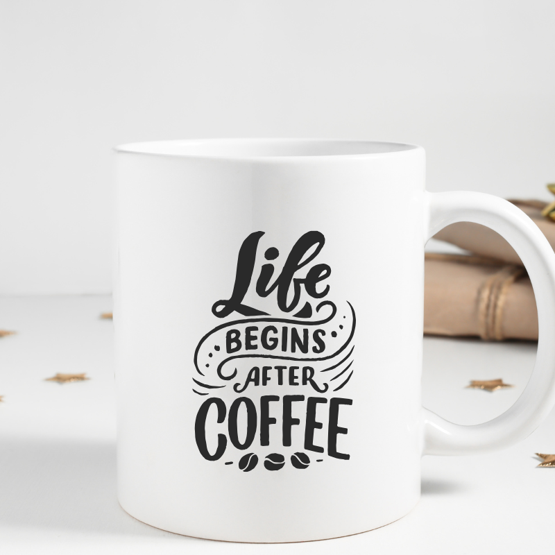 Life Begins After Coffee mug with bold black quote design, white ceramic coffee cup for caffeine lovers.