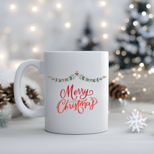 Holiday ceramic coffee mug featuring traditional Merry Christmas design