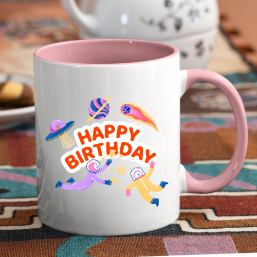 Happy Birthday Galaxy Mug with vibrant starry nebula and colorful cosmic design