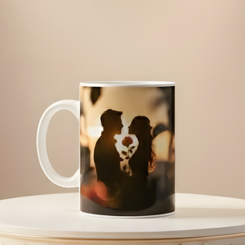 Couple at sunset Product photo of a personalized mug, ideal for Valentine's Day or anniversaries, displaying a romantic silhouette image of a couple at sunset.