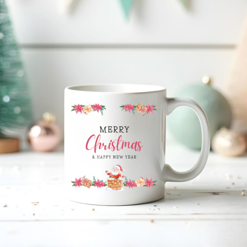 Watercolor Christmas Flowers Mug with poinsettias and holly leaves