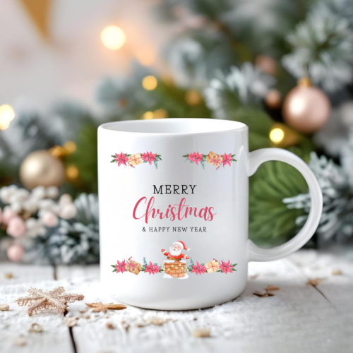 Festive floral holiday mug with red and green watercolor flowers