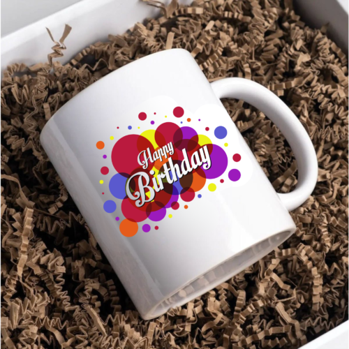 Playful bubble-themed birthday mug featuring vibrant circular artwork