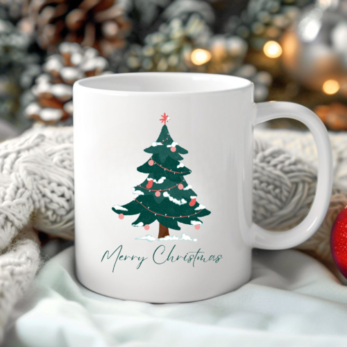 Holiday ceramic mug featuring snowflakes and Christmas tree art