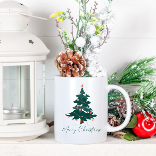 Cozy Christmas Tree and Snow Mug with festive winter design
