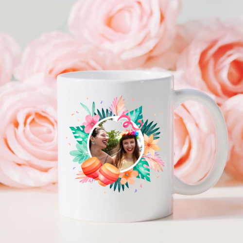 Personalized Tropical Joy Mug with palm leaves and hibiscus flowers design