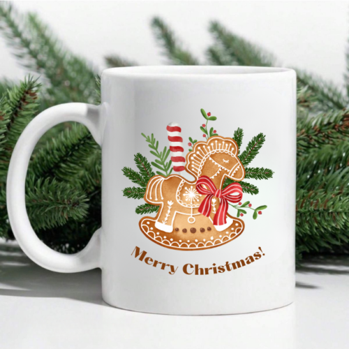 Ceramic Christmas mug featuring classic toy horse and festive decorations