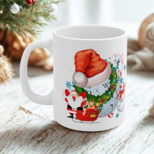 White ceramic mug with Santa Claus, sleigh, and Christmas wreath design on a festive wooden table.