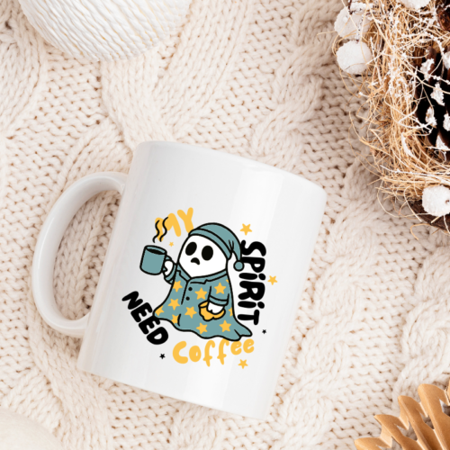 Ceramic coffee mug with ergonomic handle and ghost artwork