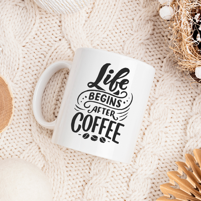 Life Begins After Coffee mug with bold black quote design, white ceramic coffee cup for caffeine lovers.