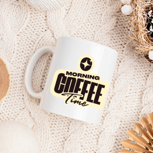 Good Morning coffee mug with a warm sunrise design, perfect for enjoying tea or coffee.