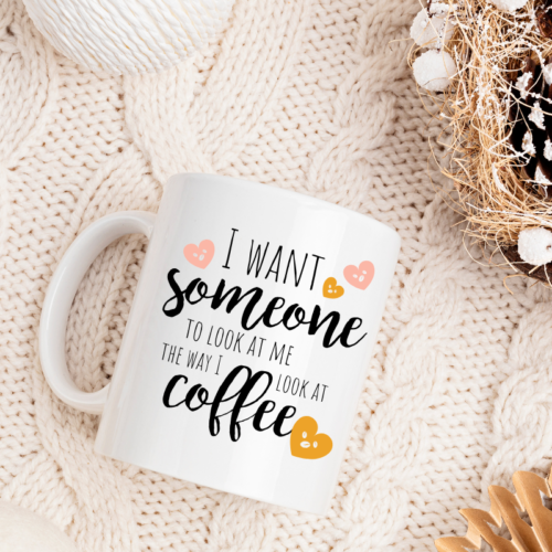 Cute heart design coffee mug on table, ideal for Valentine and anniversary gifts