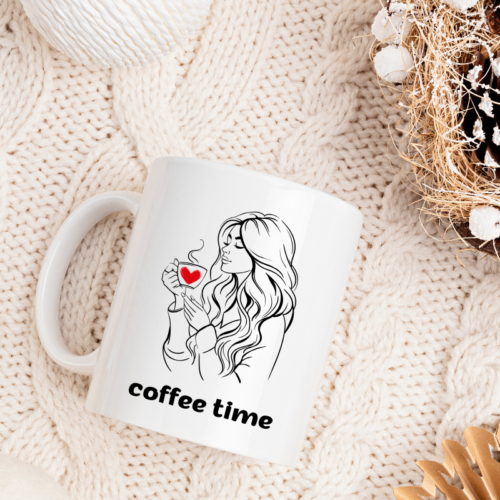 White cozy themed coffee mug on table, perfect for slow mornings and relaxing evenings