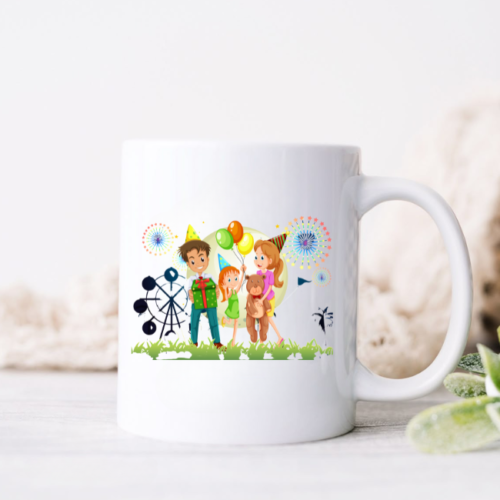 Carnival Birthday Mug with confetti, balloons, and personalized design