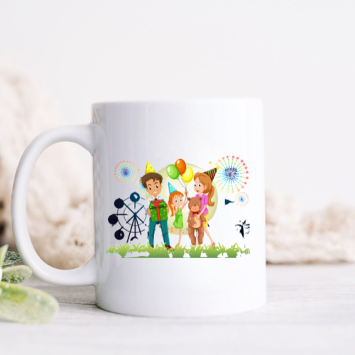 Carnival Birthday Mug with confetti, balloons, and personalized design