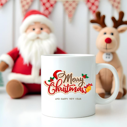 Classic Christmas Greeting Mug with Merry Christmas lettering in festive colors