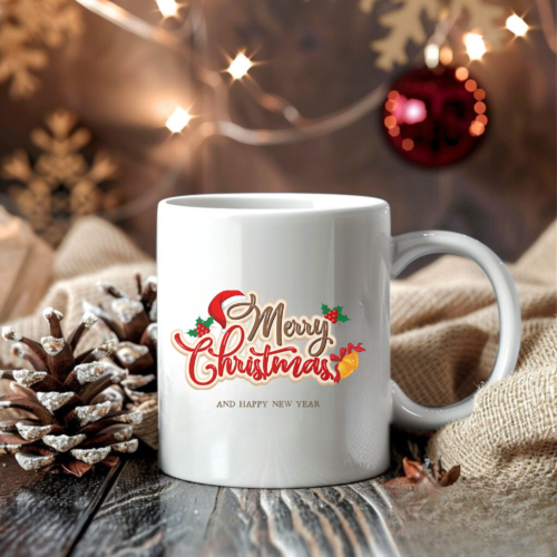 Holiday ceramic mug featuring red and green Christmas text design