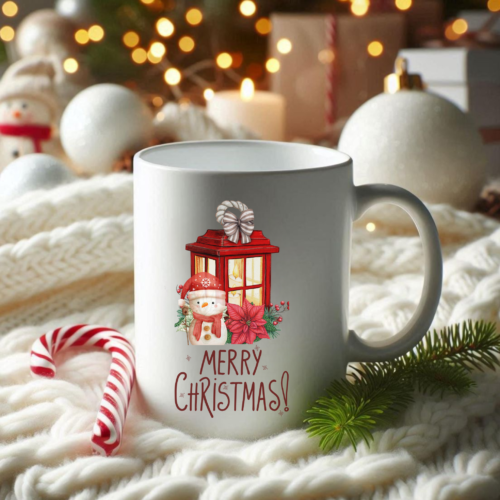 Ceramic Christmas mug featuring cheerful holiday text and festive accents