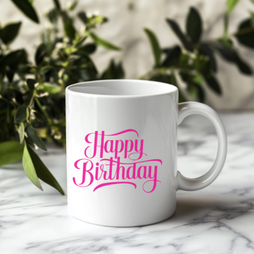 Bright and cheerful Happy Birthday Bliss Mug with vibrant pink typography. Perfect birthday gift for friends, family, or coworkers. Durable ceramic, joyful design, and ideal for daily coffee or tea moments.