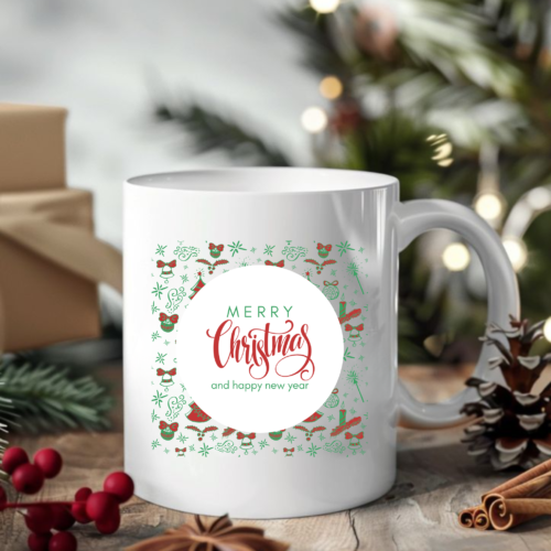 Evergreen Festive Christmas Mug with lush green trees and twinkling lights