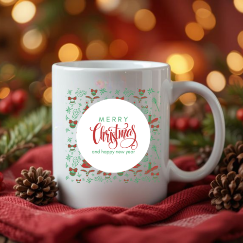 Ceramic Christmas mug featuring festive evergreen tree design and cozy winter accents