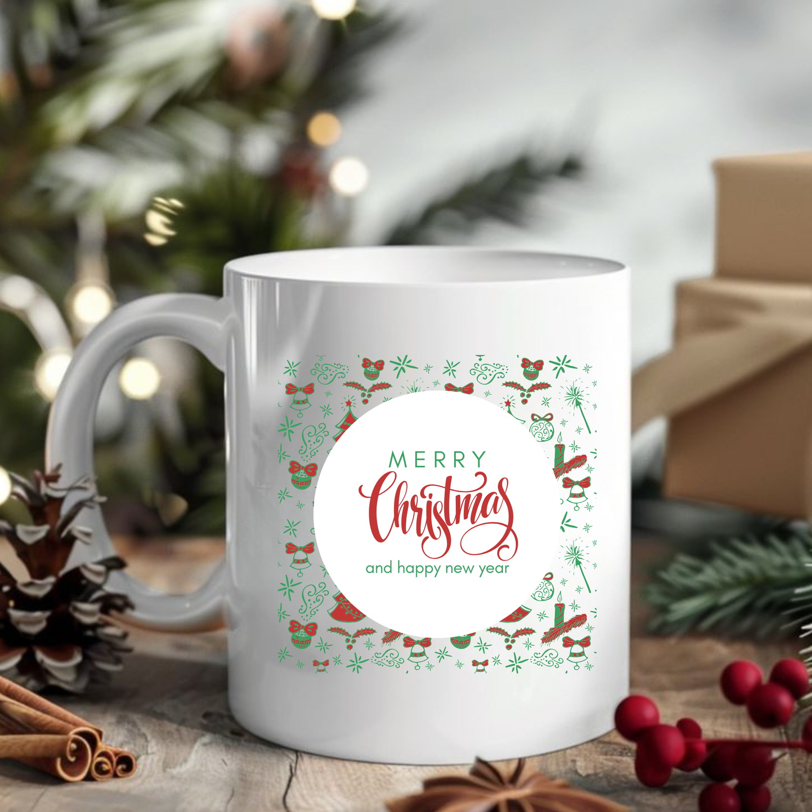 Hot chocolate mug with evergreen trees, holiday décor, and Christmas vibes