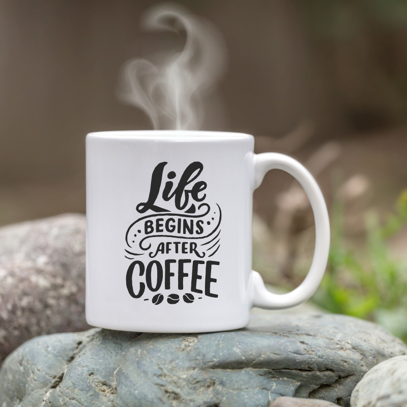Life Begins After Coffee mug with bold black quote design, white ceramic coffee cup for caffeine lovers.
