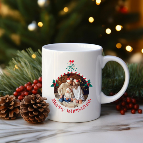 Cherished Photo Christmas Mug with custom holiday photo and festive design
