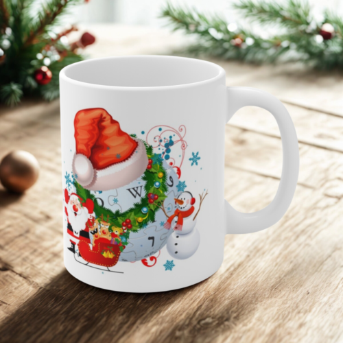 Ceramic Christmas mug featuring joyful Santa and festive design – perfect for winter sipping.