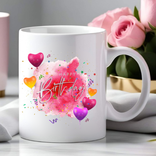 Pink Confetti Birthday Coffee Mug with colorful sprinkles and soft pink design