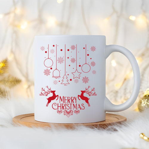 Hot chocolate mug with Christmas charm, holiday motifs, and seasonal décor
