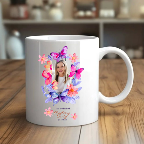 Butterfly Bloom Birthday Mug with pastel butterflies and floral design in soft colors