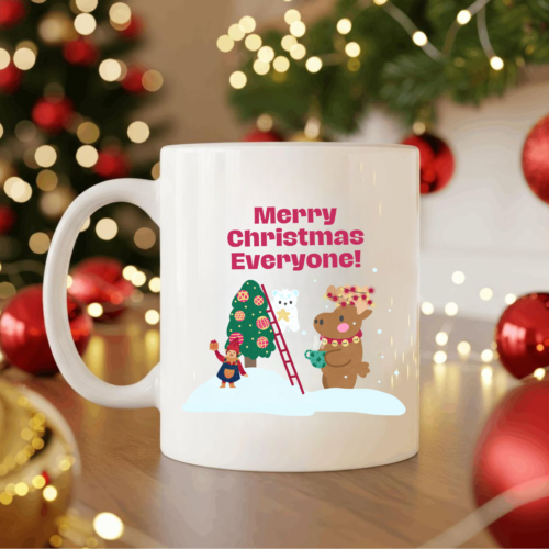 Festive ceramic mug with ornaments and twinkling lights