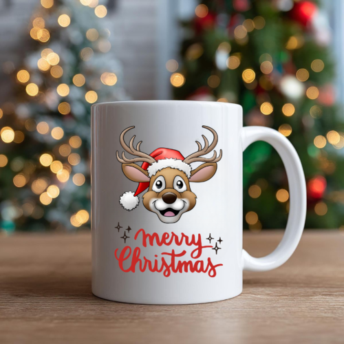 Santa’s Deer Christmas Mug with cheerful reindeer and twinkling lights