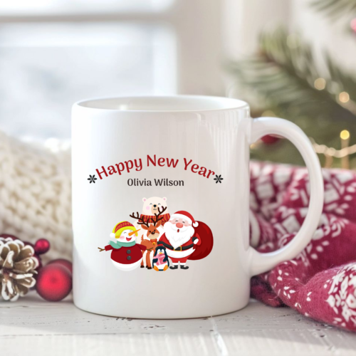 Santa’s New Year Mug with cheerful Santa, fireworks, and confetti design