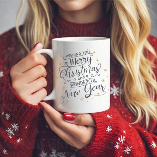 Festive holiday mug with snowflakes and joyful message design