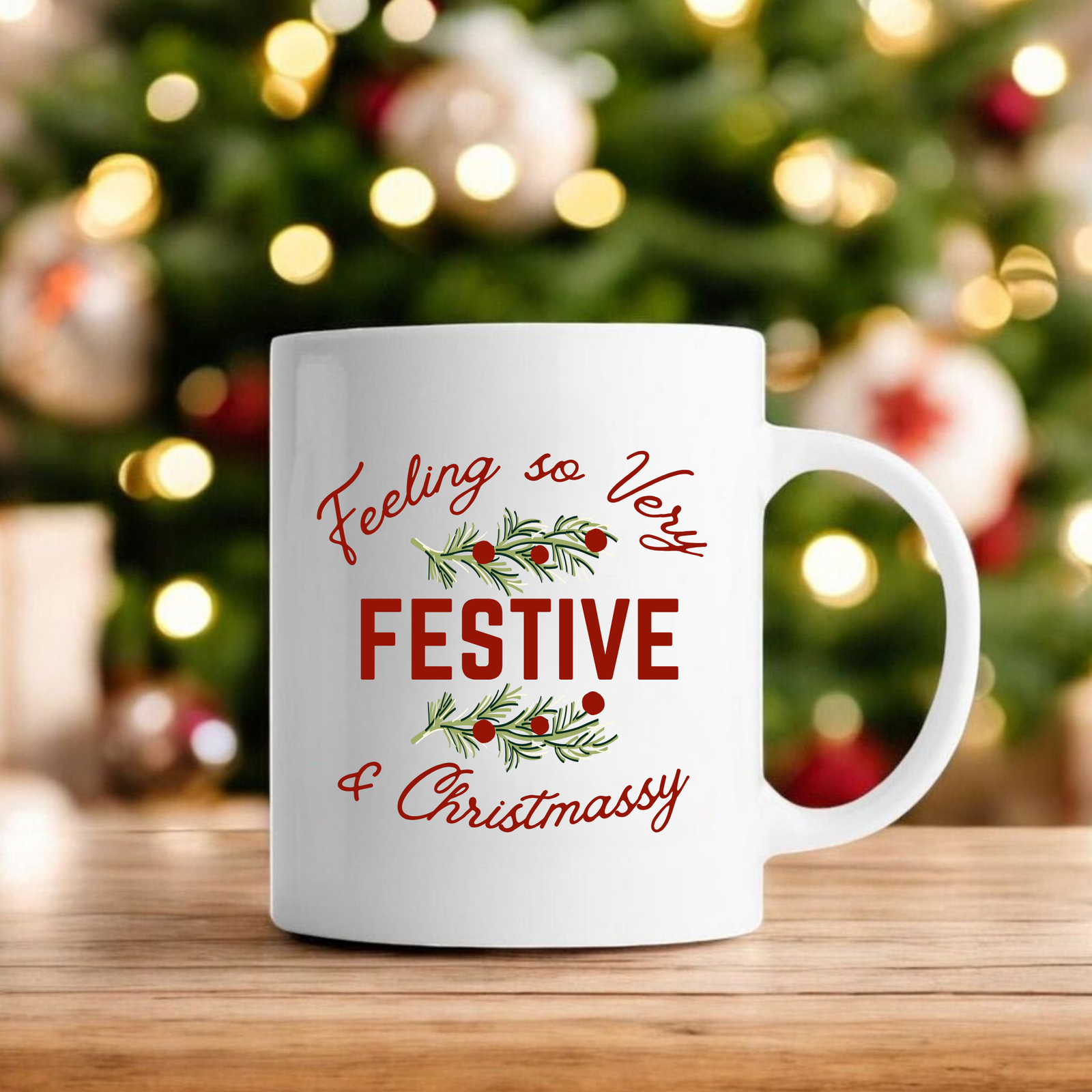 Feeling Festive Christmas Mug with cheerful ornaments and twinkling lights